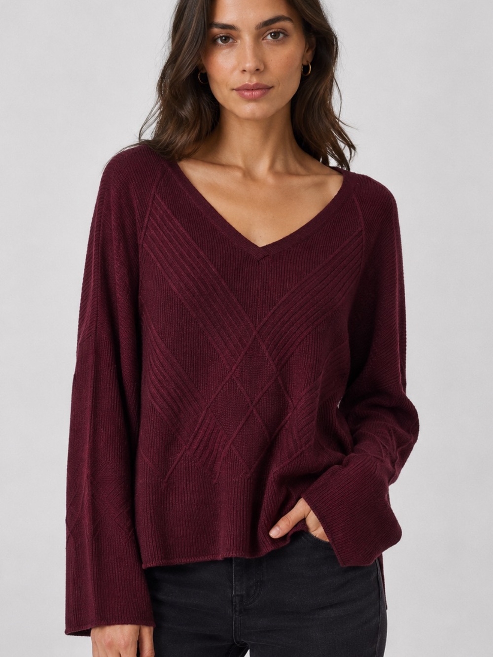 Smartwool Shadow Pine Cable V Neck Sweater in Black Cherry